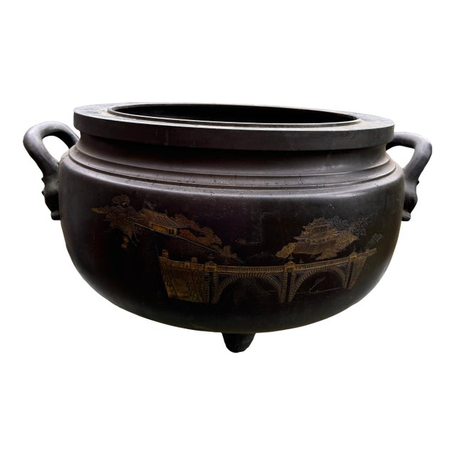 Antique Japanese Bronze Presentation Hibachi With Mixed-Metal Palace Landscape, Meiji–Taishō Period For Sale