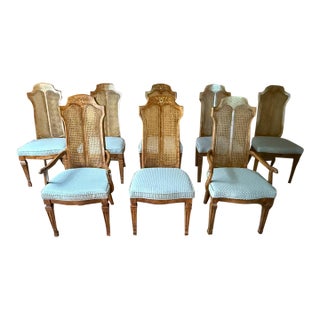 Late 20th Century Vintage Hollywood Regency Style Cane Back Dining Chairs by Stanley Furniture - Set of 8 For Sale