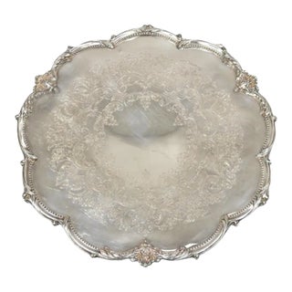 Vintage English Sheffield Victorian Silver Plated Round Footed Serving Platter Tray For Sale