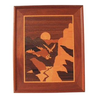 Vintage Handmade Framed Inlay Marquetry Picture - Birds Soaring Over a Landscape For Sale