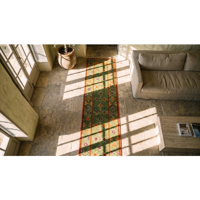 Textile 1930s Green Geometric Tribal Hand Knotted Antique Indian Agra Rug 1'10" X 10'9" Wool Carpet For Sale - Image 7 of 8