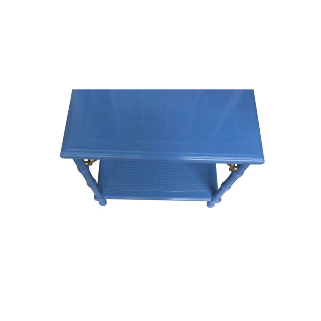 A collectible Lane Altavista side table finished in a custom Wedgewood‑Blue high‑gloss lacquer, highlighting its...