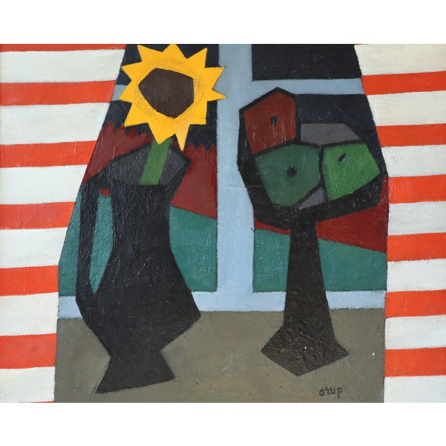 Red Mid-Century Modern 'The Striped Room' Vintage Still Life Oil Painting by Swedish Artist Bengt Orup (1916–1996), Framed For Sale - Image 8 of 13