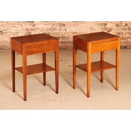 A pair of mid century oak bedside tables with drawers, circa 1960s. Very good restored condition. W 41cm d 31cm h 61cm