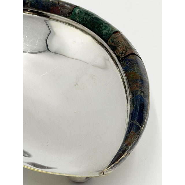1960s Los Castillo Taxco Silver Plate Tripod Catchall With Lapis & Azurite Stone Inlay For Sale - Image 15 of 18