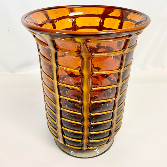 Amber 1970s Vintage Boho Chic Italian Style Blown Glass Vase With Opaque Grid Design Encased For Sale - Image 8 of 11
