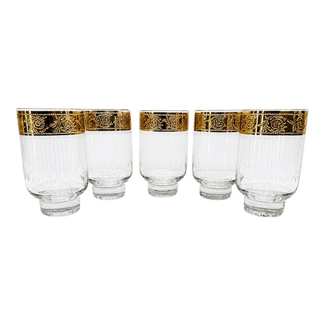 Mid 20th Century Hollywood Regency Set of 5 Culver Tyrol 22k Gold Footed Cocktail Glasses For Sale
