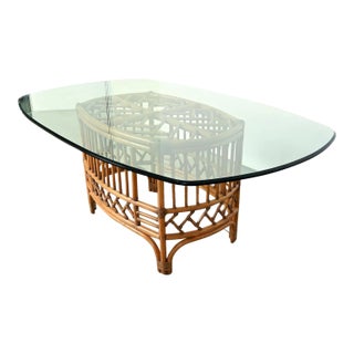 1970s Mid Century Ficks Reed Glass Top Bamboo and Rattan Base Dining Table For Sale