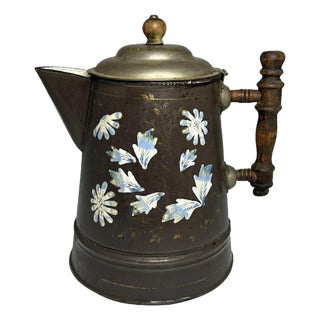 Antique Floral Enamelware Coffee Pot: 19th Century French Shabby Chic Decor For Sale