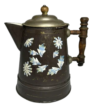 Antique Floral Enamelware Coffee Pot: 19th Century French Shabby Chic Decor