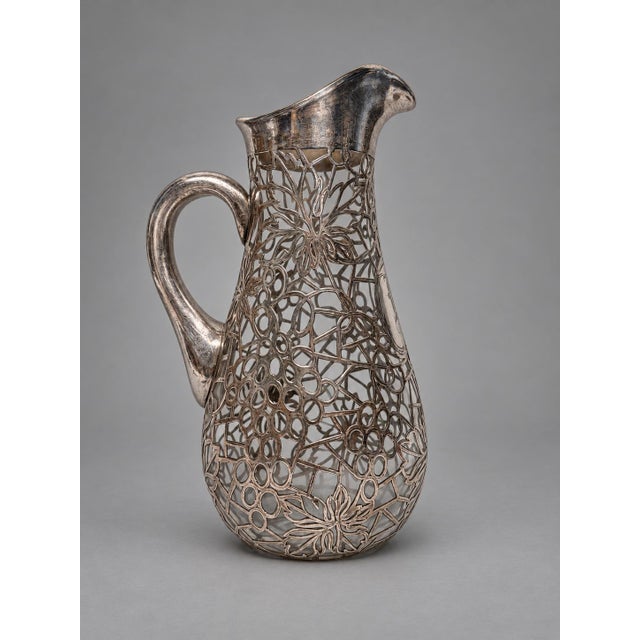 American 1900s American Sterling Silver Webbed Overlay Glass Pitcher, Alvin For Sale - Image 3 of 10