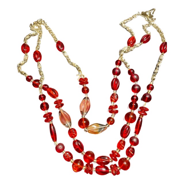 MCM Jewelry by Bohemian/Czech Artisans. Exceptional Glass Ruby Necklace From Jablonec Nad Nisou Region, Mid-Century Pressed Molded Glass For Sale