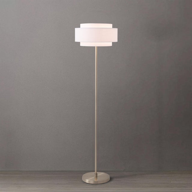 Mid-Century Modern Slimline Coronado Floor Lamp 61" H - Satin Nickel, Linen Drum Shade, Dimmable, Bulb Included For Sale - Image 3 of 6