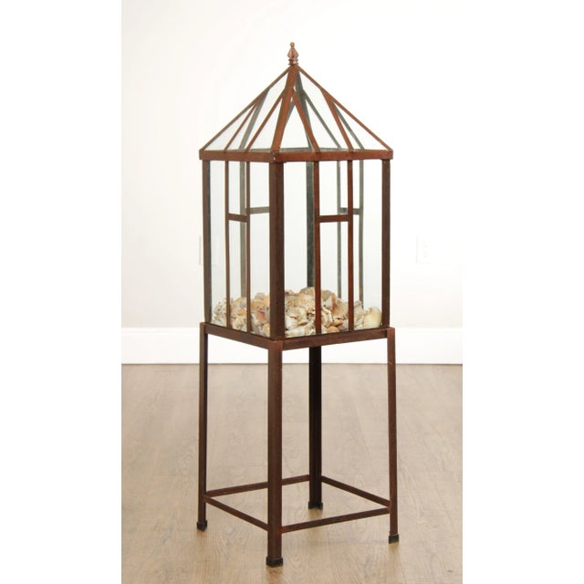 High Quality Oxidized Steel Frame Lift-Top Terrarium Vitrine on Stand, Array of Seashells on Display