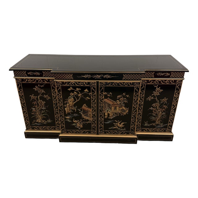 Black Lacquer Hand Painted Chinoiserie Credenza From Drexel Heritage For Sale