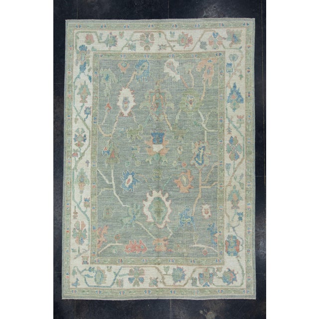 Green & Blue Turkish Oushak Rug 6'1" x 8'10" For Sale - Image 9 of 9