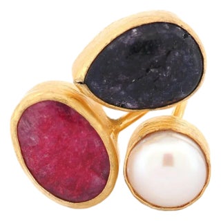 Sacred Harmony Triple Gemstone Statement Ring, Size 4 For Sale