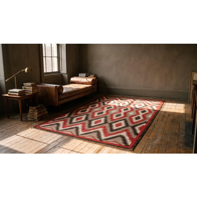 Red Stupendous Small Light Grey Field With Tricolor Double Lozenges in a Geometric Design American Navajo Rug For Sale - Image 8 of 9
