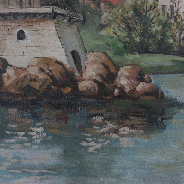 Vintage European Village Oil Painting – Hand-Painted Scenic Landscape Art For Sale In New York - Image 6 of 12