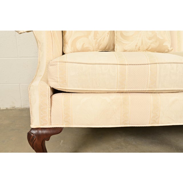 Cream Ethan Allen Chippendale Carved Mahogany Upholstered Camelback Sofa For Sale - Image 8 of 13