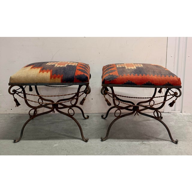 Vintage Spanish Revival Wrought Iron Bench Ottoman With Kilim Upholstery For Sale - Image 11 of 12
