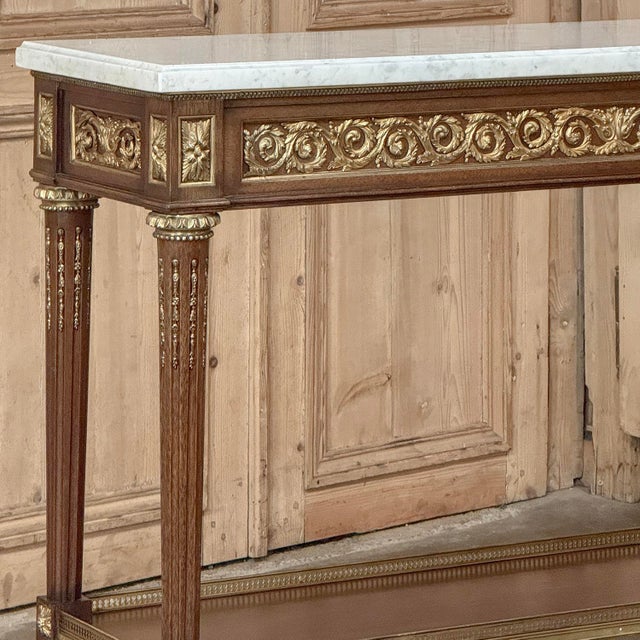 Early 20th Century Antique French Louis XVI Mahogany Console Sofa Table With Carrara Marble For Sale - Image 5 of 18