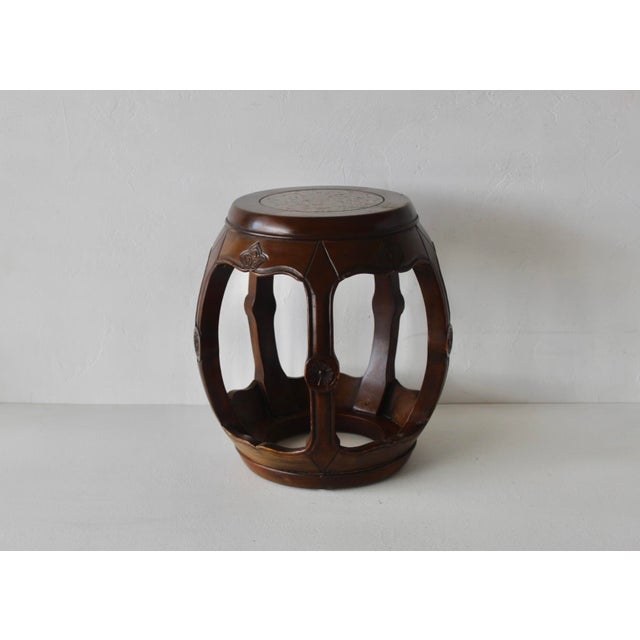 1980s Asian Carved Wood Barrel Stool Plant Stand With Inset Granite Top Vintage For Sale - Image 16 of 18