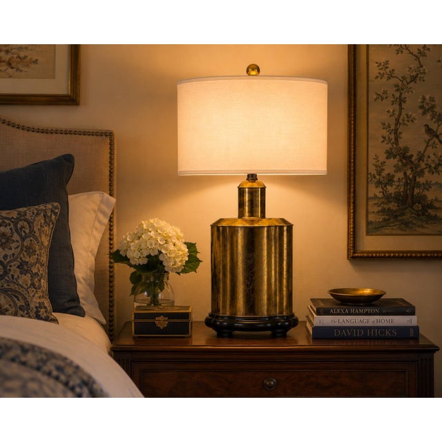 Large Vintage Brass Chinoiserie Lamp With Linen Drum Shade For Sale - Image 4 of 4