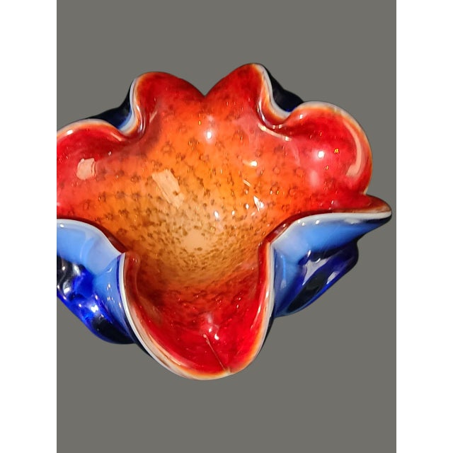 Mid-Century Modern Vintage Attributed Murano Art Glass Red & Blue Trinket Candy Dish Bowl For Sale - Image 3 of 7