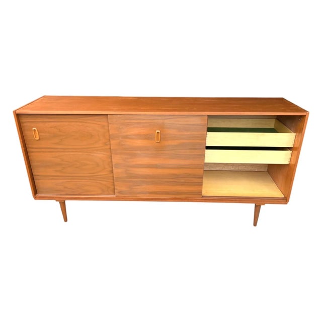 Wood Danish Modern Scandinavian Walnut Credenza – Sliding Doors, Recessed Pulls, Restored For Sale - Image 7 of 14