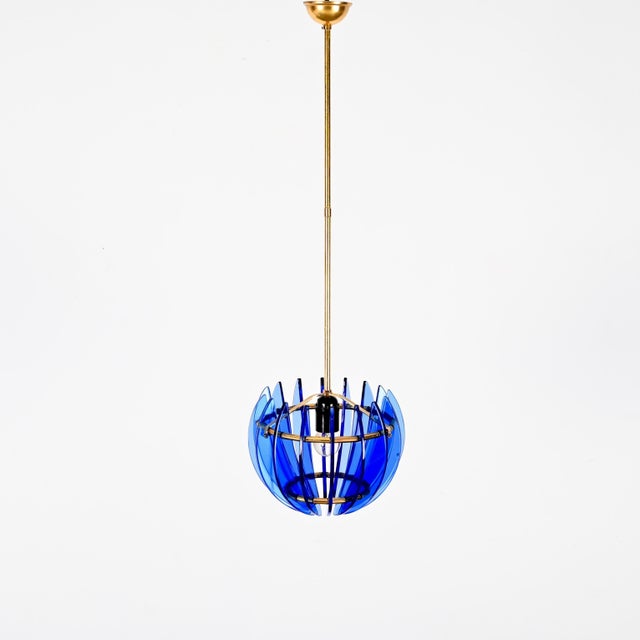 Mid-Century Italian Blue Glass and Brass Pendant attributed to Galvorame, Italy, 1960s For Sale - Image 17 of 17