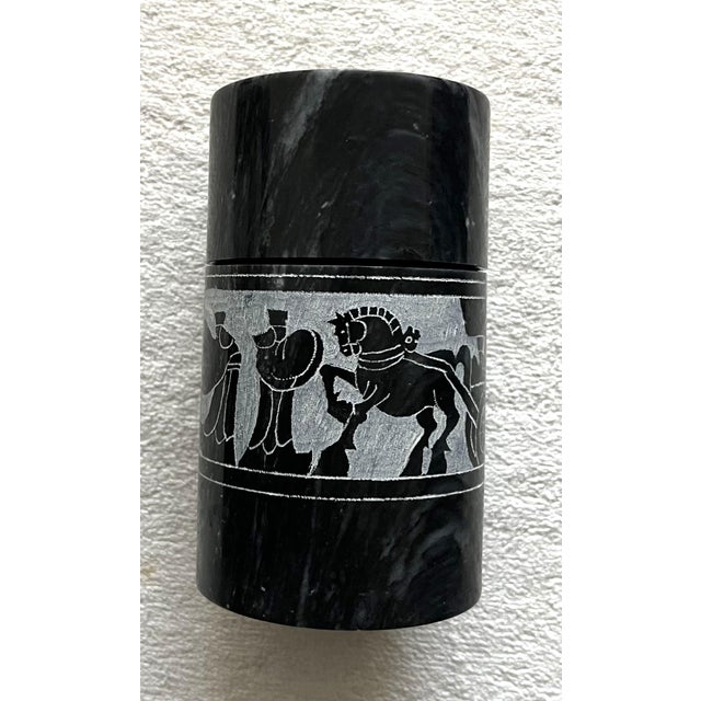 Mediterranean Black & White Marble Canister With Lid and Matching Dish/Ashtray, Etched Procession of Horses, Chariots, Robed Men For Sale - Image 3 of 11
