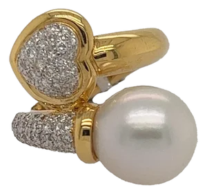 Late 20th Century 18K Pearl & Diamond Bypass Ring, Size 6.75