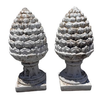 Pair of Vintage Weathered Pinecone Garden Finials For Sale