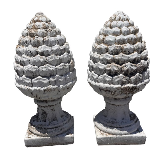 Pair of Vintage Weathered Pinecone Garden Finials For Sale