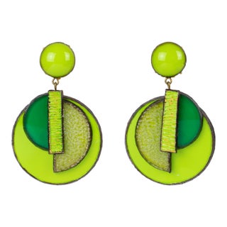 Cilea Paris Geometric Green Resin Dangle Clip Earrings - 2 Pieces For Sale