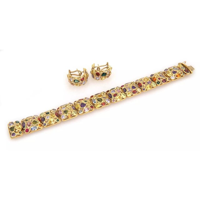 Metal Bracelet Earring Multicolor Stones 18k Yellow Gold Cushion Link set - 3 Pieces For Sale - Image 7 of 10