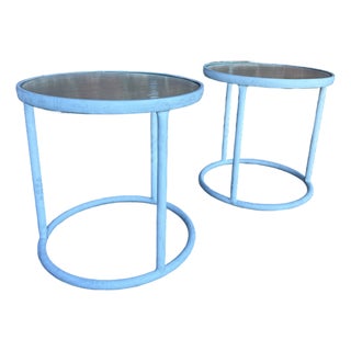 Pair of Round Aluminum and Glass Side Tables From Brown Jordan For Sale