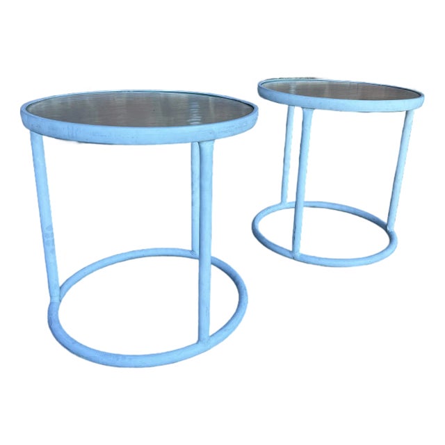 Pair of Round Aluminum and Glass Side Tables From Brown Jordan For Sale