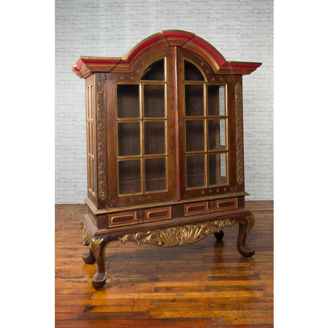 Dutch Colonial Early 20th Century Bonnet Top Gilded Cabinet with Glass Doors For Sale - Image 11 of 13