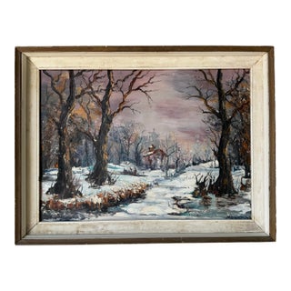 Vintage Winter Cabin in the Woods Landscape Oil Painting, Signed For Sale