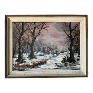 Vintage Winter Cabin in the Woods Landscape Oil Painting, Signed