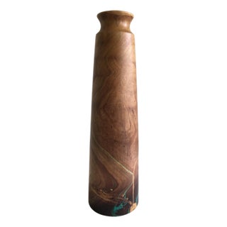 2000s Wood Vase With a Swirling Green Pattern and Natural Polish For Sale