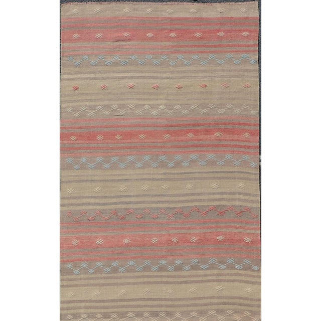 Vintage Turkish Kilim With Stripes in Blue, Tan, Brown, Cream and Orange For Sale In Atlanta - Image 6 of 12