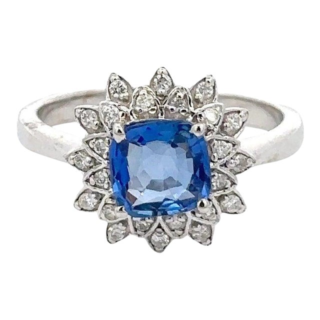 18k White Gold Cushion Cut Sapphire and Halo Diamond Flower Shape Ring Size 7 (All Sizes Available) For Sale