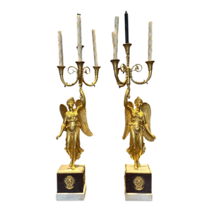 Pair of 19th Century Swedish Empire Ormolu and Marble Winged Victory Candelabra