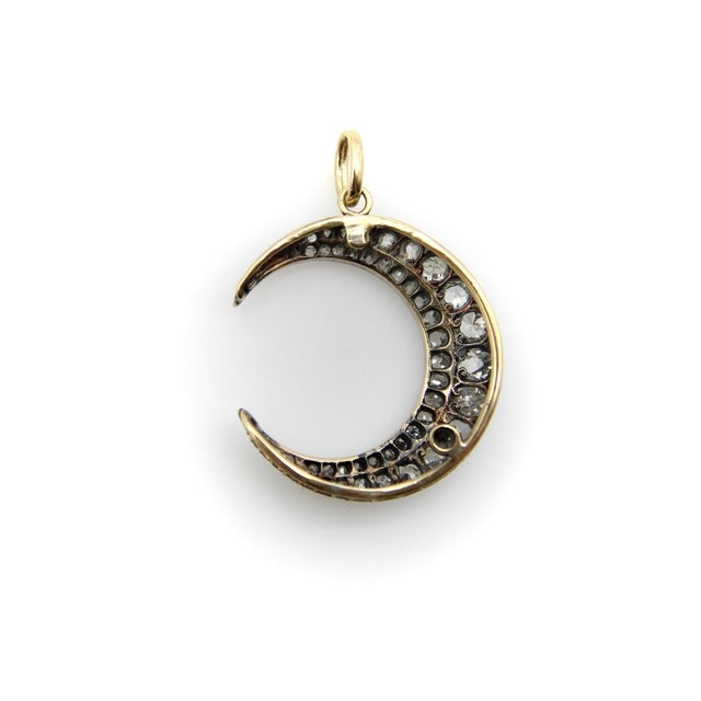 Mid 19th Century Mid 19th Century Early Victorian Silver Front 14k Gold Back Old Mine Cut Diamond Crescent Moon Pendant For Sale - Image 5 of 11