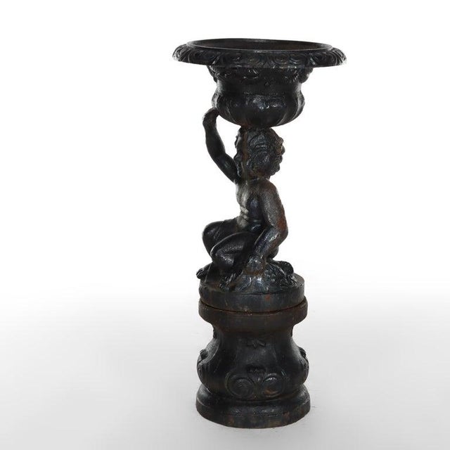 Antique Neoclassical Cast Iron Figural Cherub Garden Urn C1890 For Sale - Image 6 of 10
