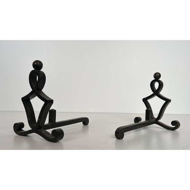 Metal Pair of modernist wrought iron andirons. French work. Circa 1940 For Sale - Image 7 of 12