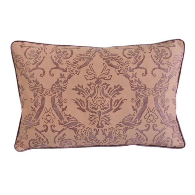 Custom-tailored pillow in Italian Mariano Fortuny cotton fabric called "Spagnolo" with a rich floral design in a peach &...